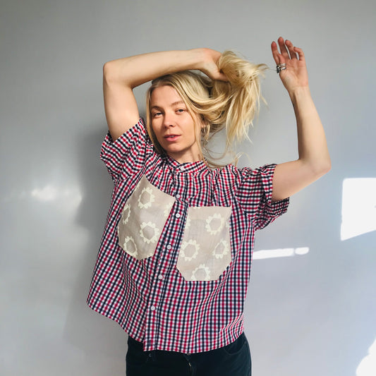 upcycled women's check top with screenprinted pockets by ethical clothing brand sly and company