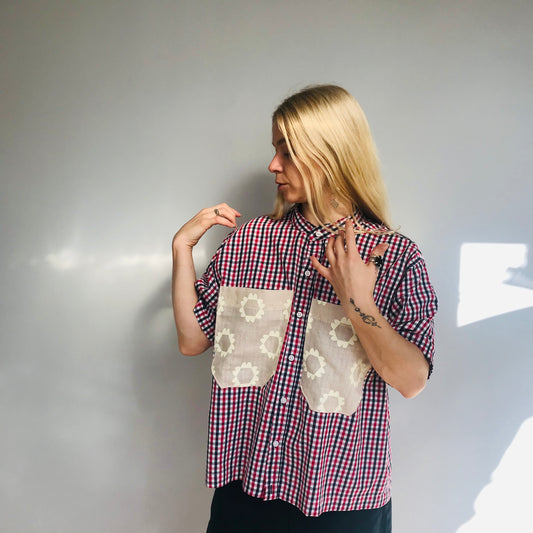 upcycled women's check top with screenprinted pockets by ethical clothing brand sly and company